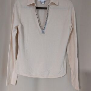 Bloomingdale's Vintage Women's SzL 100% Cashmere Cream Beaded   V Neckline